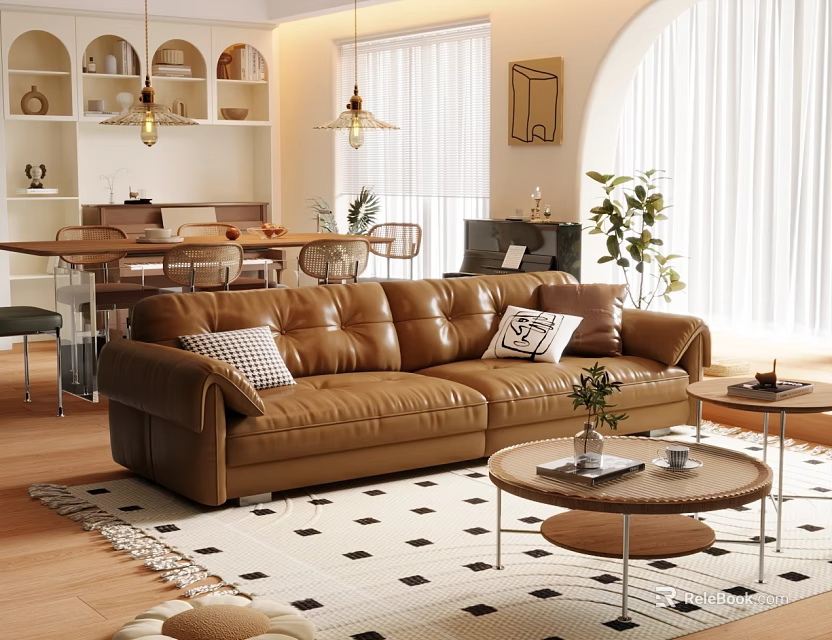 Modern Living Dining Room With Brown Leather Sofa Geometric Rug Dining Table And Green Plants 3d model 
