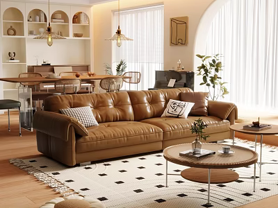 Modern Living Dining Room With Brown Leather Sofa Geometric Rug Dining Table And Green Plants 3d model