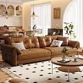 Modern Living Dining Room With Brown Leather Sofa Geometric Rug Dining Table And Green Plants