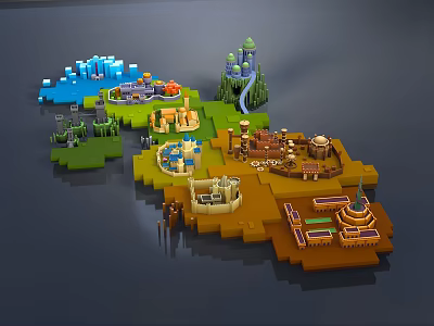 Cartoon Scene with Colorful Land Regions and Diverse Cartoon Buildings and Green Trees 3d model