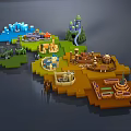 Cartoon Scene with Colorful Land Regions and Diverse Cartoon Buildings and Green Trees