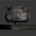 Old Rusty Metal Cauldron Filled With Green Liquid On Cracked Brick Base