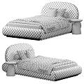 Pastel Pink And Beige Double Bed With Curved Headboard Striped Bedspread And Decorative Pillows