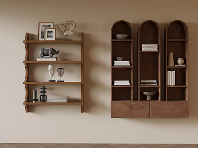 Wooden Shelving Units with Arched Tops and Multi-tiered Shelves Featuring Decorative Items Books and Vases 3d model