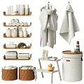 Organic Cotton Towels Bamboo Storage Baskets Liquid Soap Dispensers Wooden Shelves Toiletries