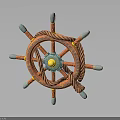 Orange Ship Wheel With Blue Handles Yellow Center And Twisted Rope