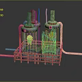 Space Exploration Aerospace Structure With Silver Cylindrical Bodies Metal Rods Yellow Hoses And Green Glow