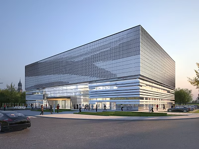 Modern Office Building With Glass Facade And Urban Street Pedestrians Vehicles 3d model