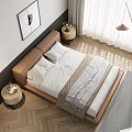 Modern Leather Double Bed with Bedside Table Decorative Painting and White Curtains