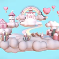 Cartoon Fantasy Scene With Rainbow Castle Floating Clouds Hot Air Balloons And Bunny