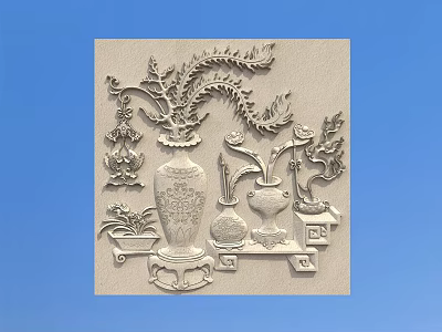 Traditional Chinese Carving Artwork Featuring Vase Dragon And Floral Patterns On Panel 3d model