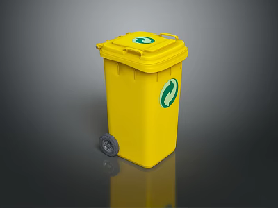 Yellow Trash Bin With Wheels And Green Recycle Logo On Lid 3d model