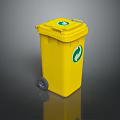 Yellow Trash Bin With Wheels And Green Recycle Logo On Lid