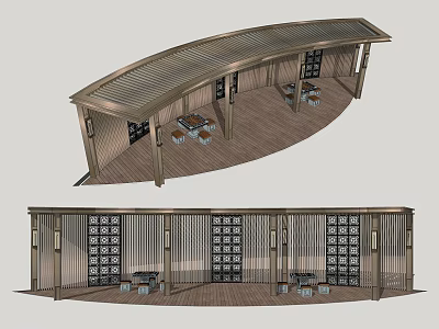 Modern Curved Pergola Design With Wooden Flooring Lattice Screens And Seating Areas 3d model