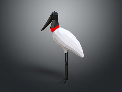 Low Poly Style Bird Model Featuring White Body Black Head Beak And Red Collar 3d model