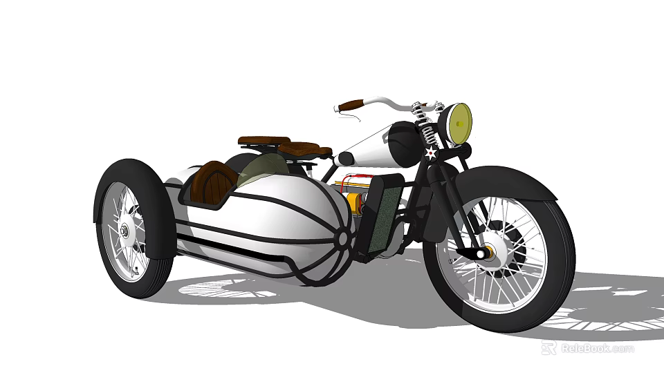 Vintage Motorcycle With Sidecar White Body Brown Seat And Round Headlight 3d model 