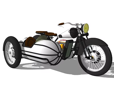 Vintage Motorcycle With Sidecar White Body Brown Seat And Round Headlight 3d model