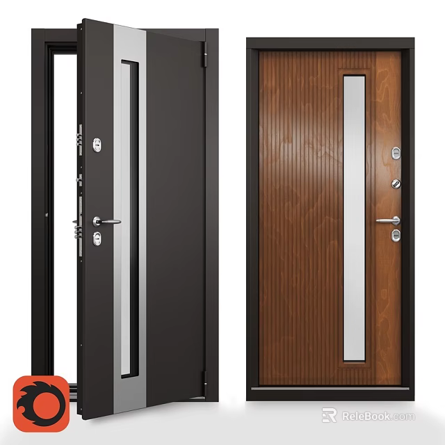 Modern Black and Brown Wooden Grain Swing Door with Glass Panel Design 3d model 