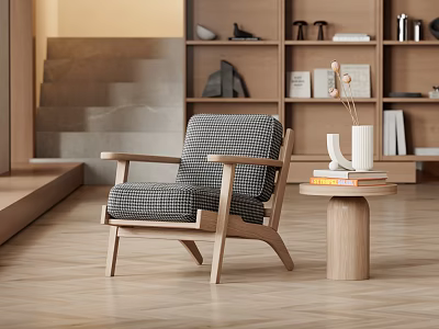 Lounge Chair With Wooden Frame Checkered Cushion Small Round Side Table And Modern Bookshelf Background 3d model