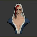 Woman Bust Sculpture With Red Hair And Blue Hooded Attire With Decorative Trim