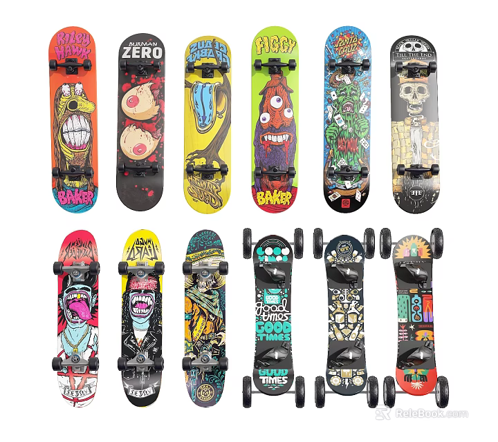 Various Designed Skateboards As Sports Equipment With Colorful Graphics And Patterns 3d model 