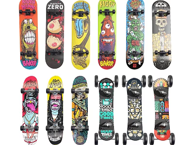 Various Designed Skateboards As Sports Equipment With Colorful Graphics And Patterns 3d model