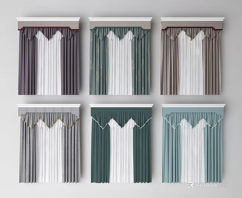 Various Colors Curtains With Valance Design And White Sheer Layers For Home Decor 3d model 