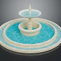 Multi Tiered Circular Fountain Design With Blue Water And Light Colored Edges