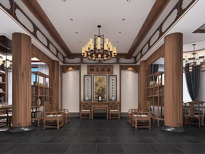 Traditional Chinese Style Living Room Interior Design With Solid Wood Furniture And Classic Art Decorations 3d model