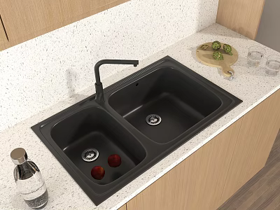 Black Double Bowl Kitchen Sink With Faucet On Light Countertop And Fruits 3d model