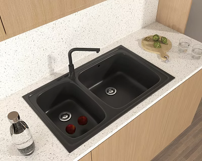 Black Double Bowl Kitchen Sink With Faucet On Light Countertop And Fruits 3d model