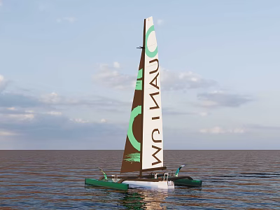 MCM Logo Green Catamaran Sailing Boat Navigating Open Ocean Under Cloudy Sky 3d model