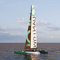 MCM Logo Green Catamaran Sailing Boat Navigating Open Ocean Under Cloudy Sky 3d model