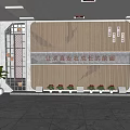 Wooden Vertical Slat Background Wall With Chinese Inscription Plaque And Potted Plants