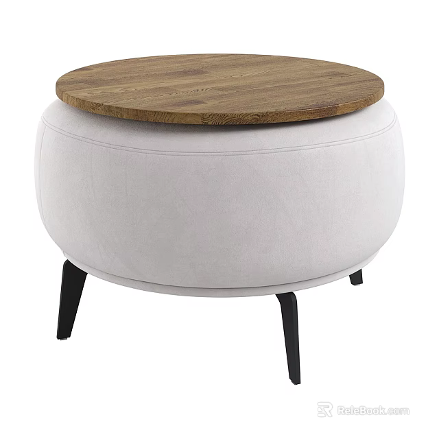Modern Round Stool With Wooden Top White Upholstered Seat And Black Legs 3d model 