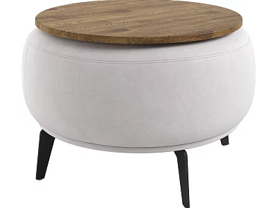 Modern Round Stool With Wooden Top White Upholstered Seat And Black Legs 3d model