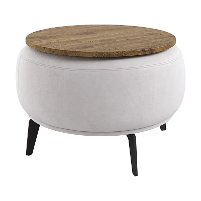 Modern Round Stool With Wooden Top White Upholstered Seat And Black Legs 3d model