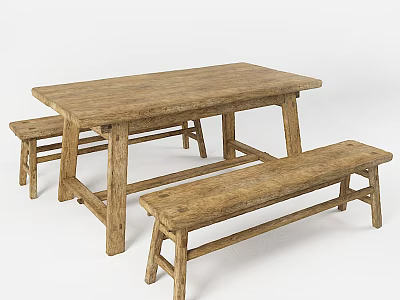 Rustic Solid Wood Dining Table Set with Two Matching Benches 3d model