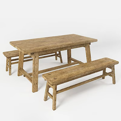 Rustic Solid Wood Dining Table Set with Two Matching Benches 3d model