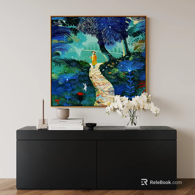 Vibrant Landscape Painting With Figure On Pathway Green Foliage And Colorful Flowers 3d model 