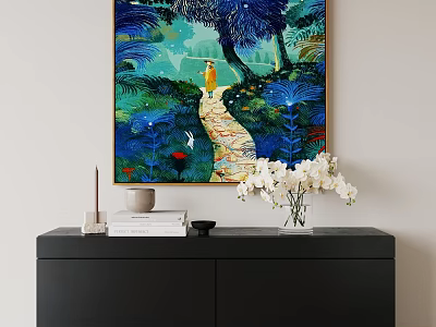 Vibrant Landscape Painting With Figure On Pathway Green Foliage And Colorful Flowers 3d model