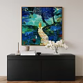 Vibrant Landscape Painting With Figure On Pathway Green Foliage And Colorful Flowers