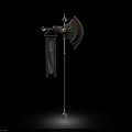 Decorative Battle Axe With Intricate Golden Accents And Hanging Banner On Black Background