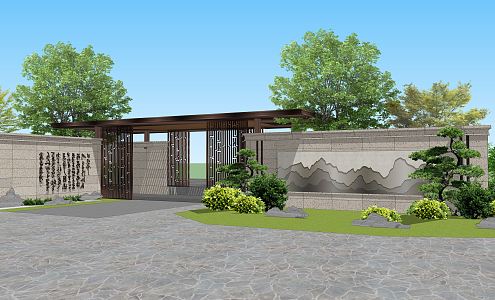 New Chinese Style View Wall Residential Area Entrance View Wall 3d model