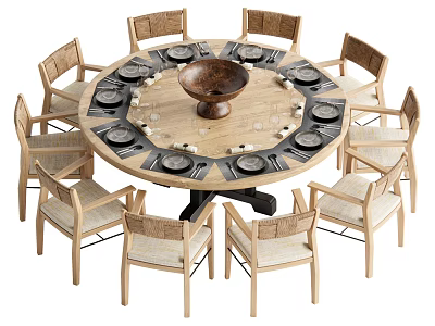 Modern Round Dining Set with Ten Chairs Dinnerware and Wooden Bowl 3d model