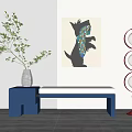 Blue And White Sofa Bench With Red Floor Lamp Green Plant And Art Painting