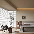 Cozy Modern Bedroom Interior Design With Bed Nightstand Lamp Blinds And Plant 3d model
