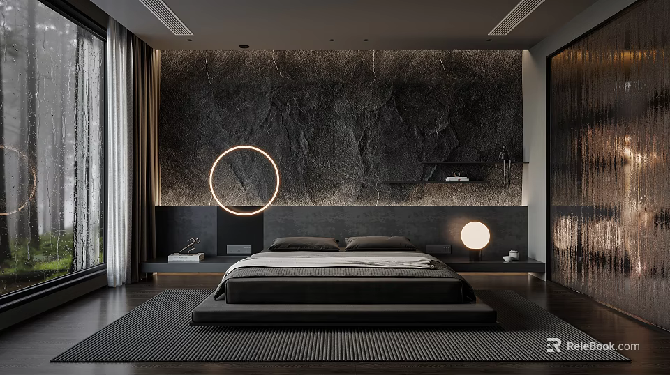 Modern Bedroom Interior Design With Dark Marble Wall Round Accent Light And Platform Bed 3d model 