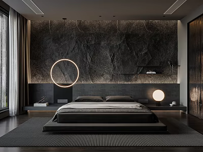Modern Bedroom Interior Design With Dark Marble Wall Round Accent Light And Platform Bed 3d model