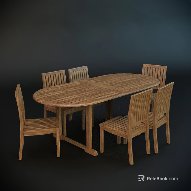 Solid Wood Oval Dining Table Set With Six Matching Wooden Chairs 3d model